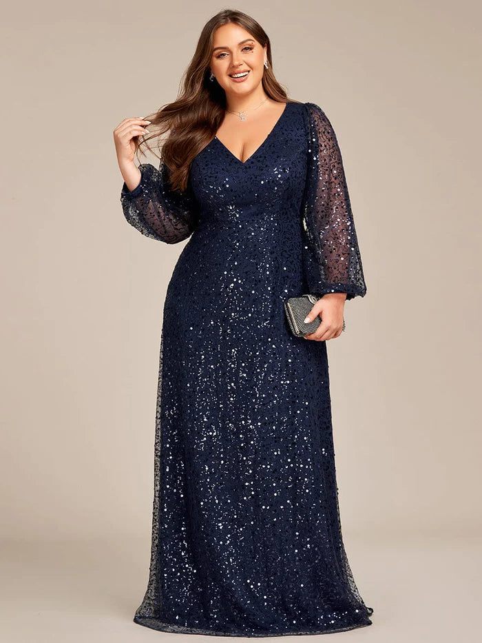 Plus Size V-Neck Lantern Long Sleeve Sequin A-Line Evening Dress/Prom Dresses